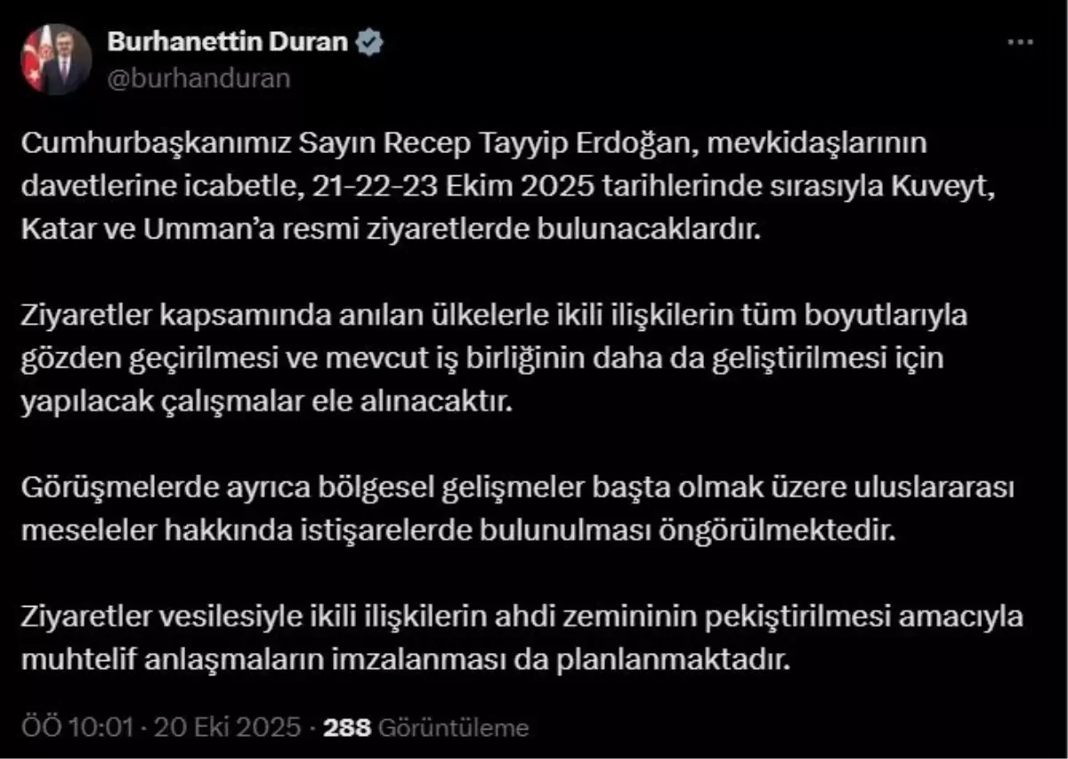 Cumhurbaşkanı Erdoğan Kuveyt, Katar ve Umman’a Resmi Ziyaret Gerçekleştiriyor